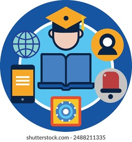 Set of Online Education Cartoon Vector Kawaii Icons. Digital Learning Illustration