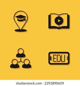 Setzen Sie das Symbol Online Education, Class und Audio Book mit langem Schatten. Vektorgrafik