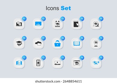 Set Online education, Cloud or online library, class, quiz, test, survey, Web camera, Question and Answer and Student working laptop icon. Vector