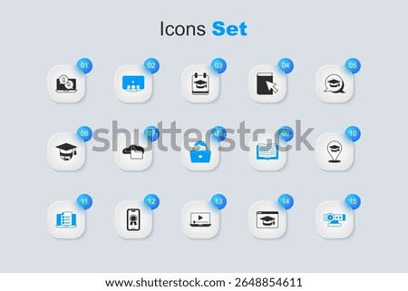 Set Online education, Cloud or online library, class, quiz, test, survey, Web camera, Question and Answer and Student working laptop icon. Vector