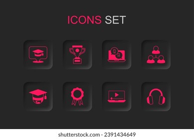 Set Online education with diploma, Award cup, Graduation cap speech bubble, play video, class, Headphones, Question and Answer and globe icon. Vector