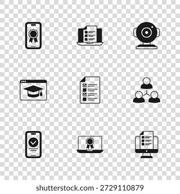 Establezca la educación en línea con el diploma, la clase, el examen, la prueba, la Encuesta, la cámara de Web y el ícono. Vector