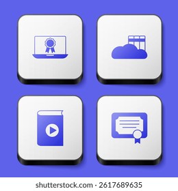 Set Online education with diploma, Cloud or online library, Audio book and Certificate template icon. White square button. Vector