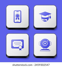 Set Online education with diploma, Graduation cap globe, Certificate template and Web camera icon. White square button. Vector