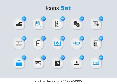 Set Online education with diploma, Graduation cap mobile, quiz, test, survey, Student working laptop, Cloud online library and Audio book icon. Vector