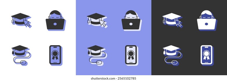 Set Online education with diploma, Graduation cap cursor, mouse and Student working laptop icon. Vector