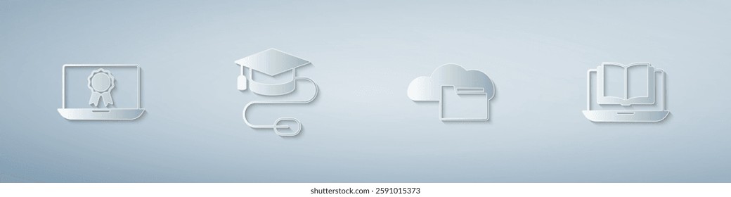 Set Online education with diploma, Graduation cap mouse, Cloud or online library and class. Paper art style. Vector