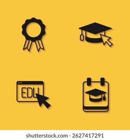 Set Online education with diploma,  and Graduation cap cursor icon with long shadow. Vector