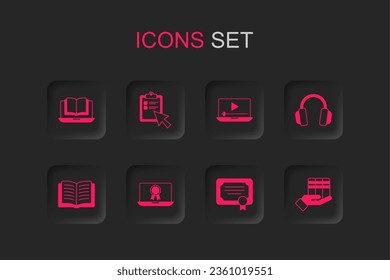 Set Online education with diploma, quiz, test, survey, class, Certificate template, Headphones, Book donation, play video and Open book icon. Vector