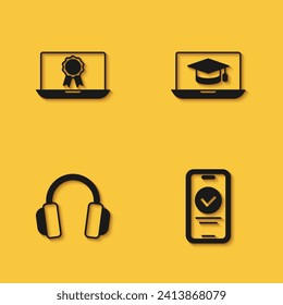 Set Online education with diploma, quiz, test, survey, Headphones and Graduation cap laptop icon with long shadow. Vector