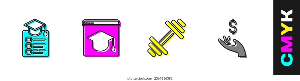 Set Online education, , Dumbbell and Hand holding coin money icon. Vector