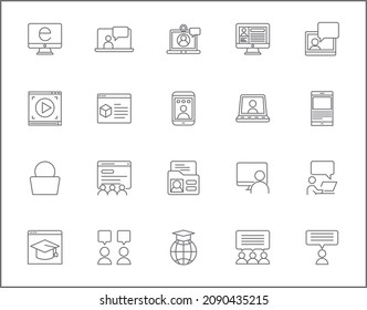 Set of online education and e-learning line style. It contains such as e-book, lessons, webinar, video, teaching, training, mobile, tutorial, computer and other elements.