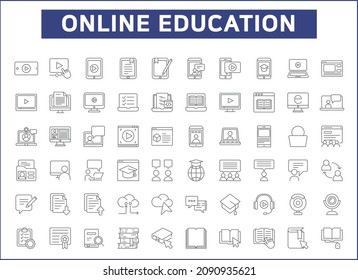 Set of online education and e-learning line style. It contains such as e-book, lessons, webinar, video, teaching, training, mobile, tutorial, computer and other elements.