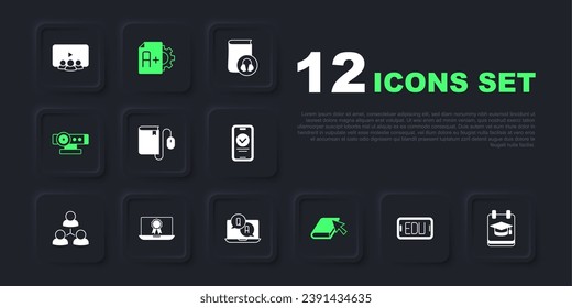 Set Online education, Electronic book with mouse, Web camera, diploma, Exam sheet A plus grade and Question and Answer icon. Vector