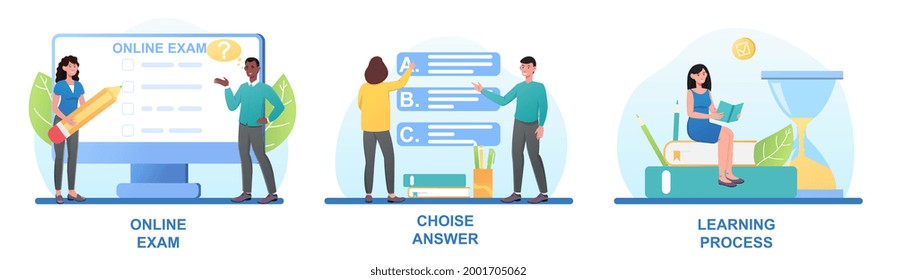 Set of online education and exam deadline situations. Male and female characters are learning and passing online exams. Test answer sheet, hourglass watch. Set of flat cartoon vector illustration