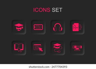 Set Online education, Graduation cap globe, with mouse, Exam sheet A plus grade, Web camera, Headphones and book icon. Vector