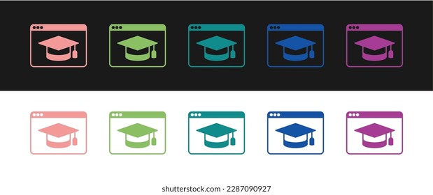 Set Online education and graduation icon isolated on black and white background. Online teacher on monitor. Webinar and video seminar learning.  Vector