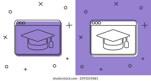 Set Online education and graduation icon isolated on white and purple background. Online teacher on monitor. Webinar and video seminar learning.  Vector