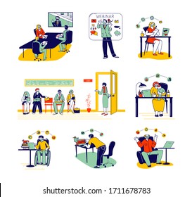 Set Online Education and Hiring at Work during Covid19 Pandemic. Male and Female Characters in Medical Mask Staying at Home for Remote Job. Candidates Wait Interview. Linear People Vector Illustration