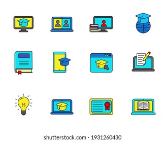 Set of online education icon with linear color style isolated on white background. 