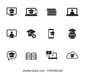 Set of online education icon with solid black color isolated on white background