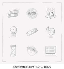 Set of online education icons line style symbols with eraser, hourglass, math and other icons for your web mobile app logo design.