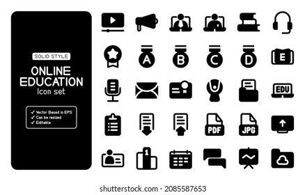 Conjunto de iconos de educación en línea y basados en vectores. Se puede usar en la educación en línea. contiene icono de streaming, puntuaciones, webcam, rango y más.