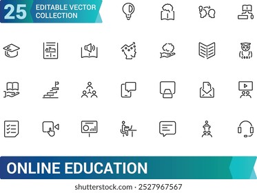 Conjunto de ícones de linha de educação on-line, e-book, palestra on-line, plano de educação e muito mais, coleção de ícones web fino mínimo. Traçado editável, ilustração vetorial.