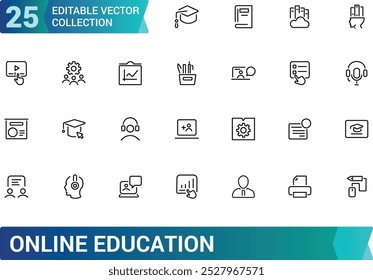 Conjunto de ícones de linha de educação on-line, e-book, palestra on-line, plano de educação e muito mais, coleção de ícones web fino mínimo. Traçado editável, ilustração vetorial.