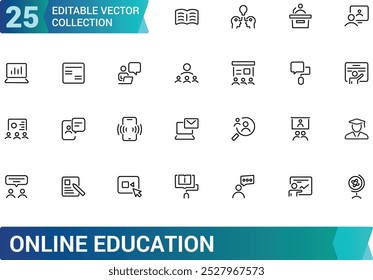 Conjunto de ícones de linha de educação on-line, e-book, palestra on-line, plano de educação e muito mais, coleção de ícones web fino mínimo. Traçado editável, ilustração vetorial.