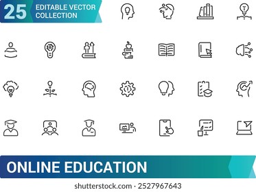 Conjunto de ícones de linha de educação on-line, e-book, palestra on-line, plano de educação e muito mais, coleção de ícones web fino mínimo. Traçado editável, ilustração vetorial.