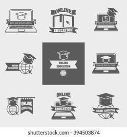 Set of online education logos, labels, signs or badges templates with laptop, book, globe and mortar board.