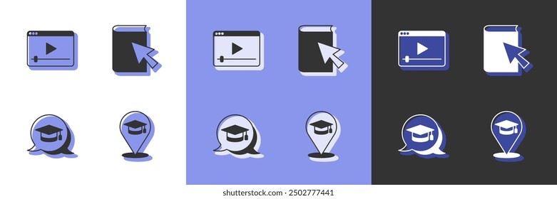 Set Online education, play video, Graduation cap speech bubble and book icon. Vector