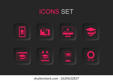 Set Online education, Question and Answer, with diploma, Graduation cap globe, play video and  icon. Vector