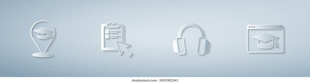 Set Online education, quiz, test, survey, Headphones and . Paper art style. Vector