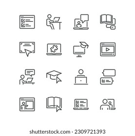 Set of online education related icons, education plan, video tutorial, webinar, learning, graduation and linear variety vectors.