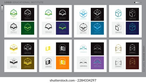 Set of Online education, school, academy logo with stars from opened book. arabic writing maehad tahfiz alquran translated Quran tahfiz institute