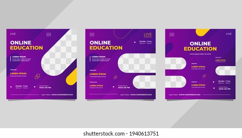 Set Of Online Education Social Media Post Templates With Minimal Background And Geometric Shape