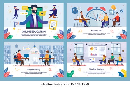 Set Online Education, Student Lecture, Cartoon. Banner Student Library, Student Test. Guy and Girl are Sitting Library at Table and Looking at Laptop, Doing Online Recordings. Vector Illustration.