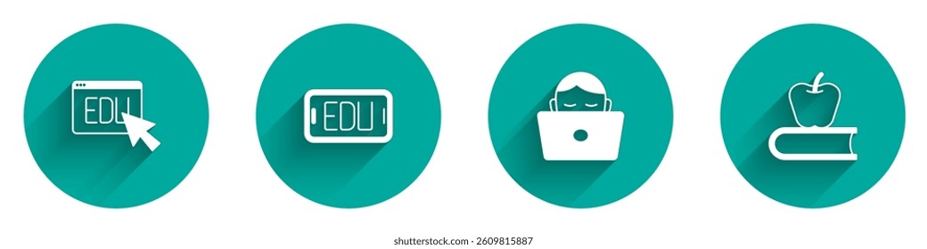 Set Online education, Student working laptop and Book with apple icon with long shadow. Vector