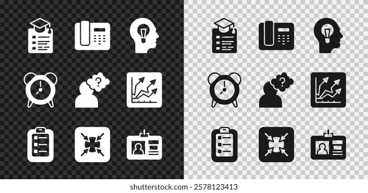 Set Online education, Telephone 24 hours support, Human with lamp bulb, To do list planning, Target, Identification badge, Alarm clock and Head question mark icon. Vector