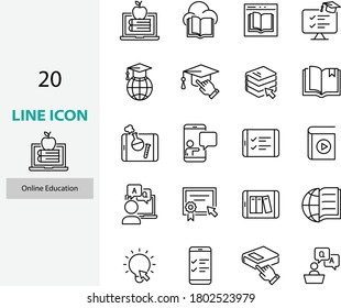 set online education thin line icons, study at home, learning, study, training