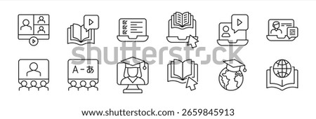set of online education thin line icon. contain interactive online education, virtual learning, digital classroom, E-Courses, language lessons, global E-Learning symbol sign. vector illustration