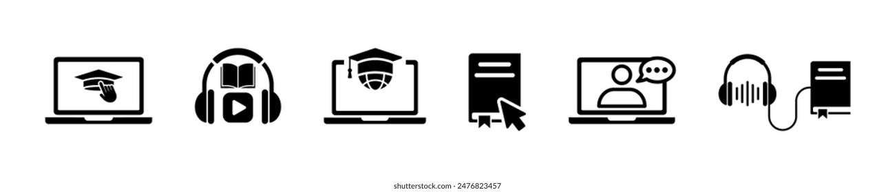 Set of online education vector icons. Online study, training, teaching. Learning on laptop.