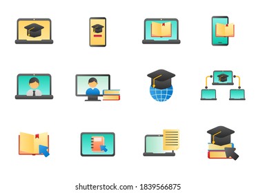 Set von Online-Bildung, Vektorgrafik einzeln auf weißem Hintergrund. Symbole der Online-Bildung im Farbverlauf-Stil