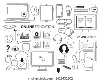Set of Online Education Vector Line Icons. Online support, Video Tutorial, Online library, e-books., Cloud. Vector illustration. - Vector illustration