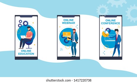 Set Online Education, Webinar, Conference Cartoon. On Smartphone Screen, Man Transmits Information. Coach Speaker Presents New Project. Convenient Online Educational Program. Vector Illustration.