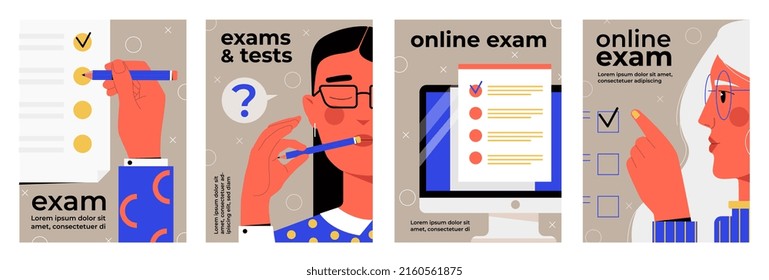 Set of online exam posters. Remote educational test to control student knowledge. Design element for social networks, websites and print. Cartoon flat vector collection isolated on white background