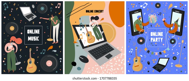 Set online festival posters. Happy birthday. Online celebration. Online party. Holidays in the period of self-isolation. Bright vector flat holiday poster.