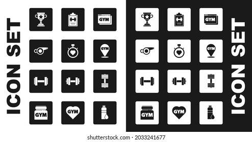 Set Online fitness and training, Heart the center stopwatch, Whistle, Award cup, Location gym, Sport program, Dumbbell and  icon. Vector